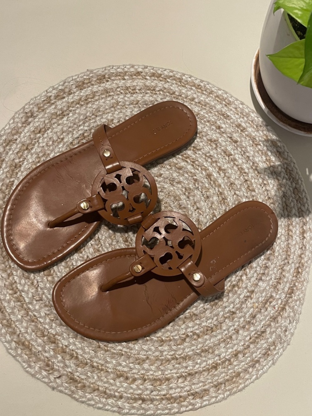 Tory Burch Brown Leather Logo Thong Sandals